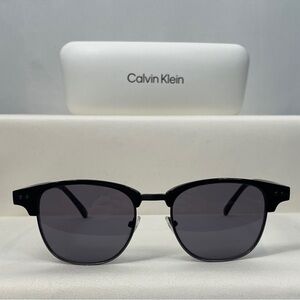 Calvin Klein Black Rounded Clubmaster Sunglasses with Smoke Gray Lenses